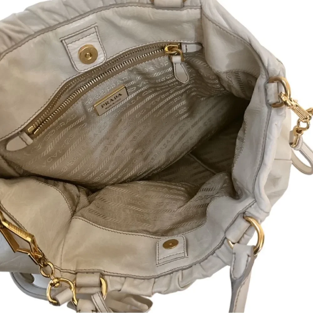 PRADA Vitello Two Way Hobo Beige Fringe Leather Bag - Picture 13 of 15